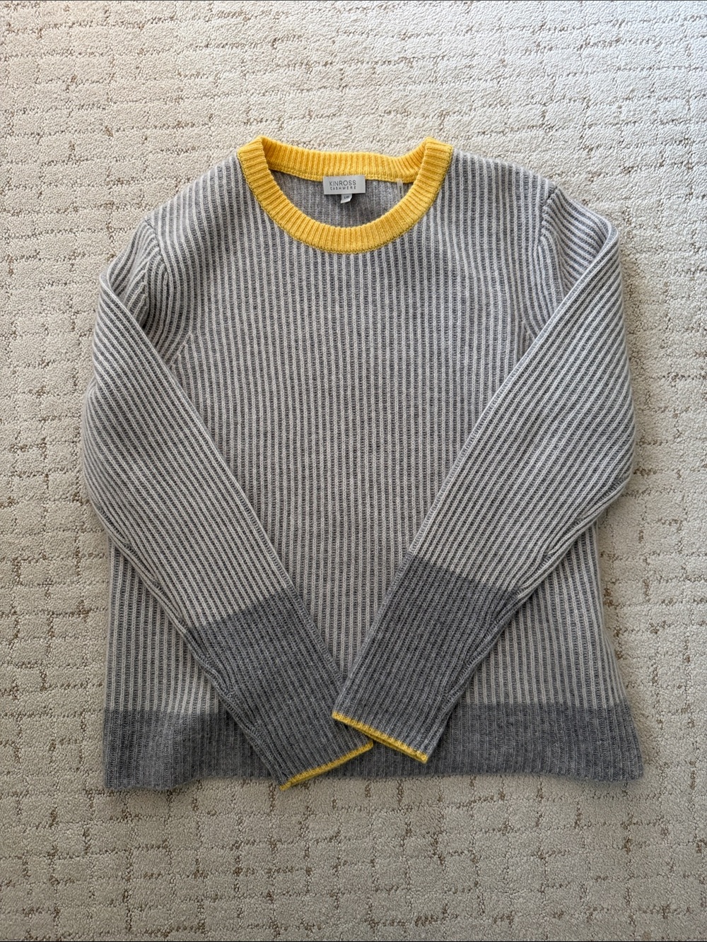 Kinross Cashmere Grey Ribbed Crewneck Cashmere Sweater with Yellow Trim